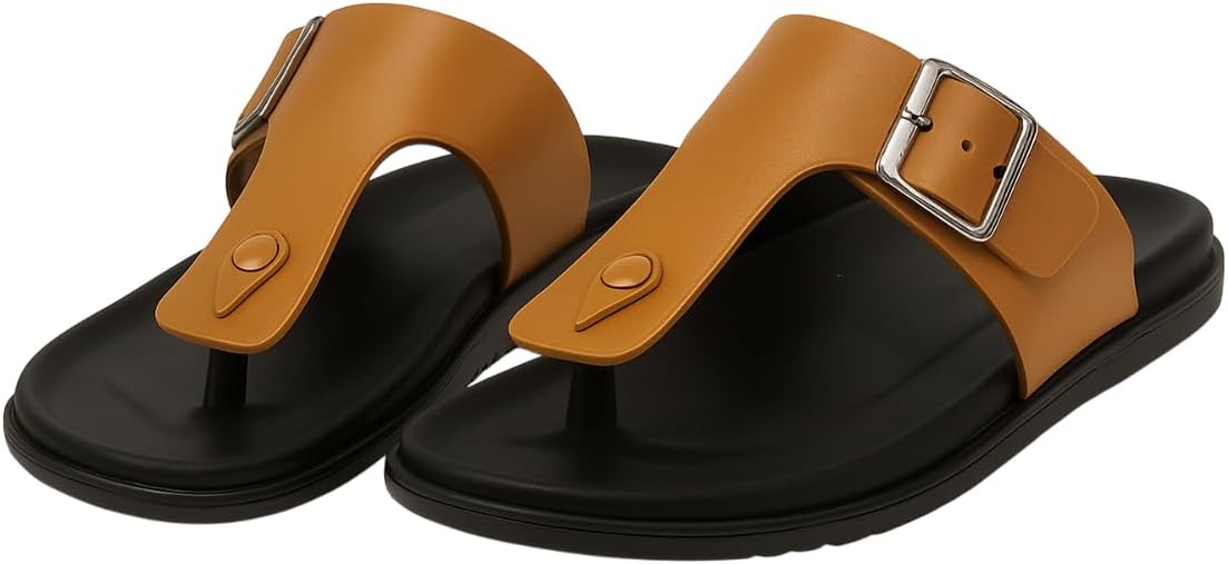 

Мужские сандалии-вьетнамки из искусственной кожи, с открытым носком, на застежке, повседневные летние шлепанцы, плоская подошва Generic, Tan