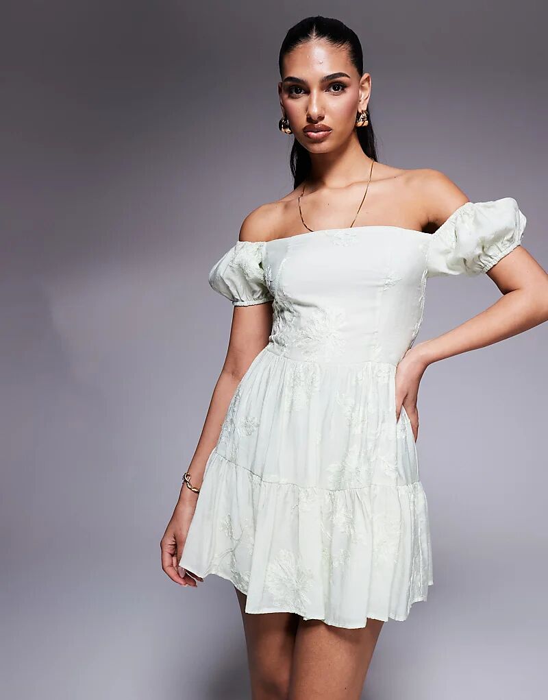 

Эксклюзивное мини-платье Kaiia из хлопка с вышивкой, рукавами-фонариками и бардо, в цвете шалфея