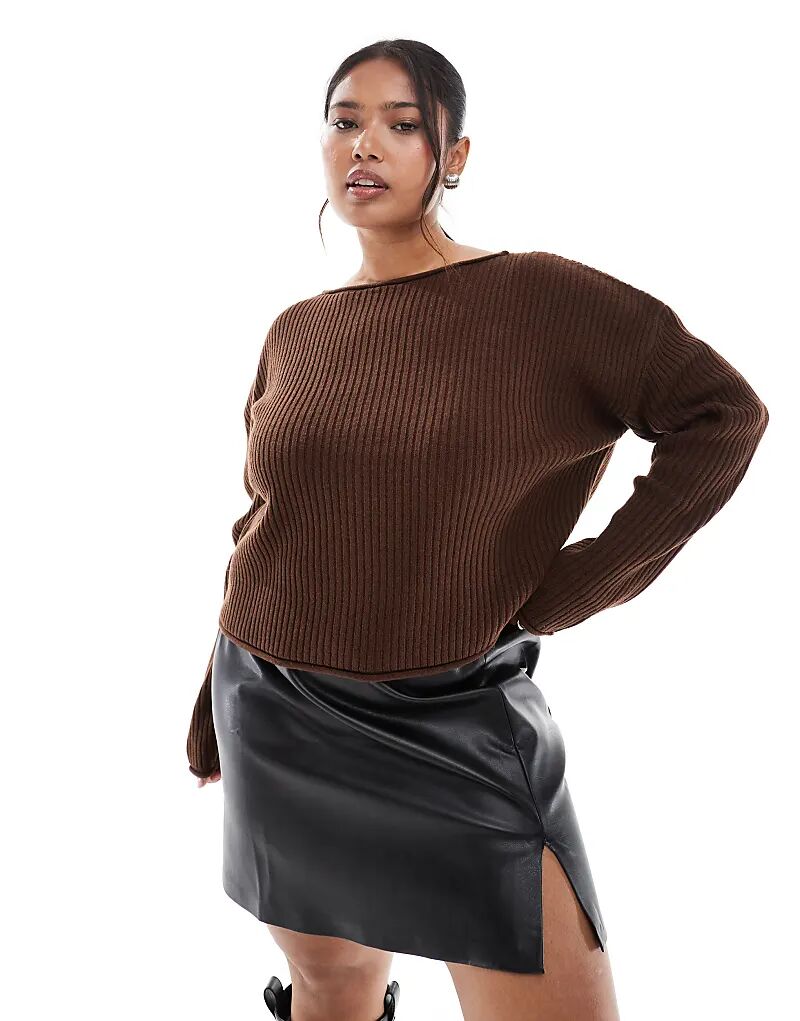 

Джемпер ASOS DESIGN Curve с круглым вырезом, объемной вязкой в рубчик и подвернутыми краями шоколадного цвета Asos Curve