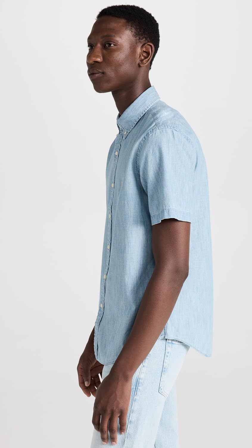 POLO RALPH LAUREN Мужская короткая рубашка из льна Classic, Light Indigo — фото 4