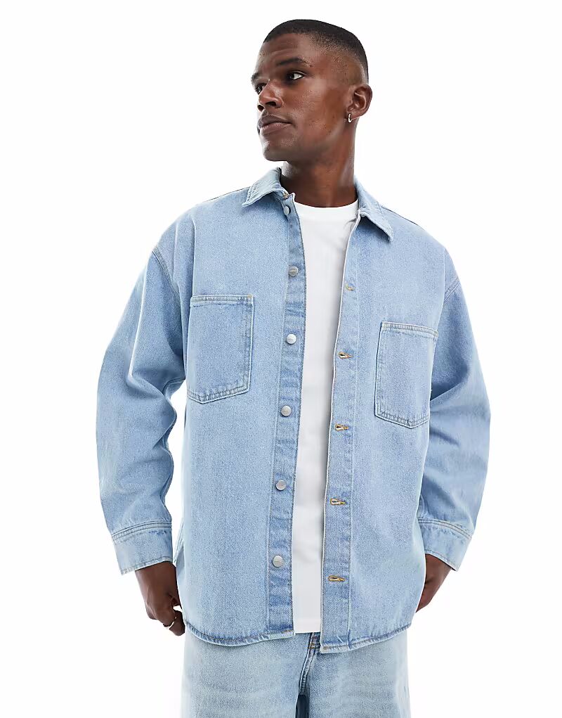 

Куртка-рубашка Jack & Jones из денима большого размера светло-голубого цвета
