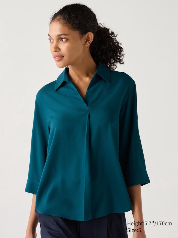 

Блузка из вискозы с воротником-стойкой (рукав 3/4) Uniqlo, зеленый
