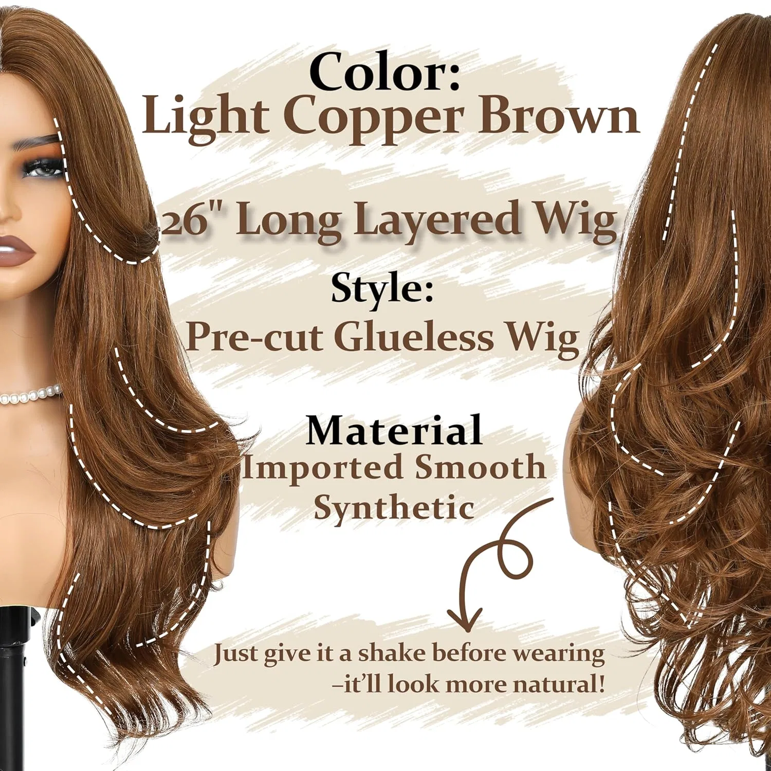 Женский длинный волнистый парик с челкой 26 дюймов Buppler, Light Copper Brown — фото 3