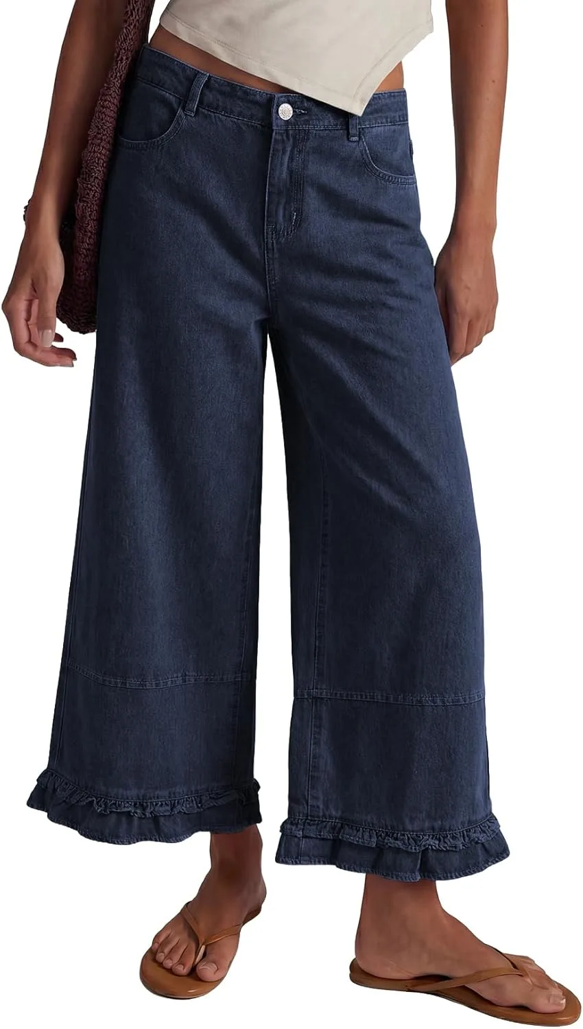 

EVALESS женские широкие джинсы Mid-Rise Cropped Baggy с рюшами