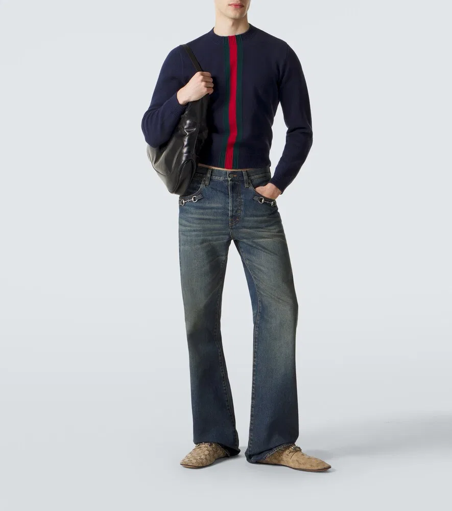 Свитер Gucci Web Stripe шерстяной, круглый воротник, синий — фото 2
