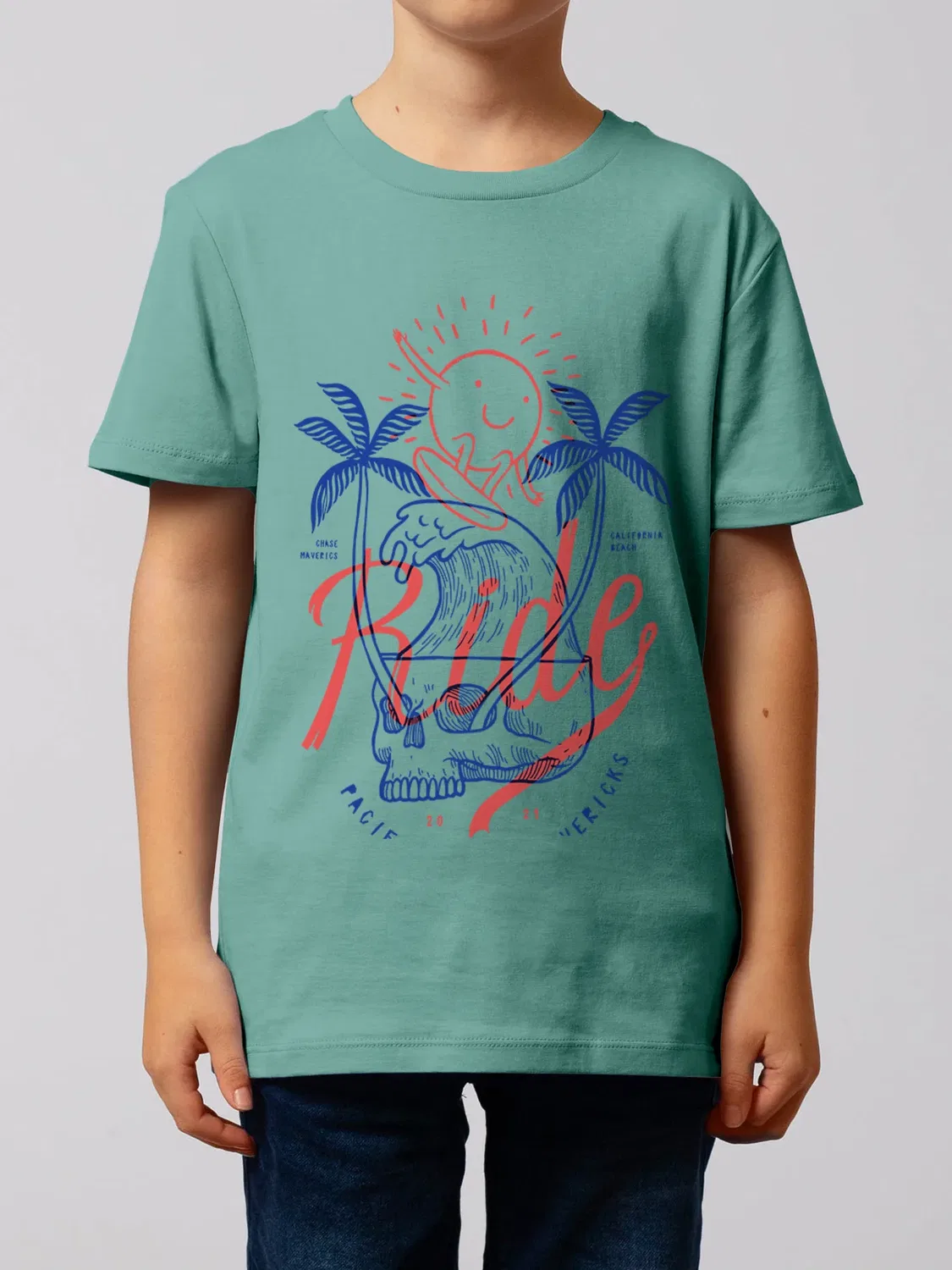 Футболка детская с принтом, Wat? Apparel, teal monstera