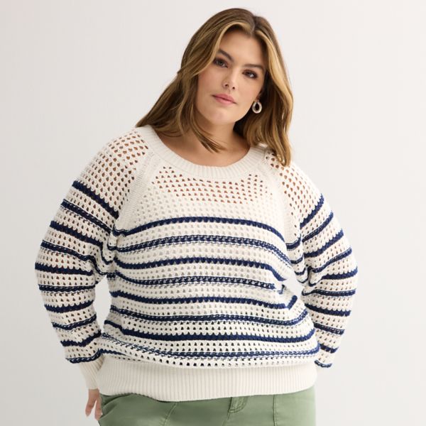 

Пуловер большого размера с открытым швом Sonoma Goods For Life, цвет ivory navy stripe