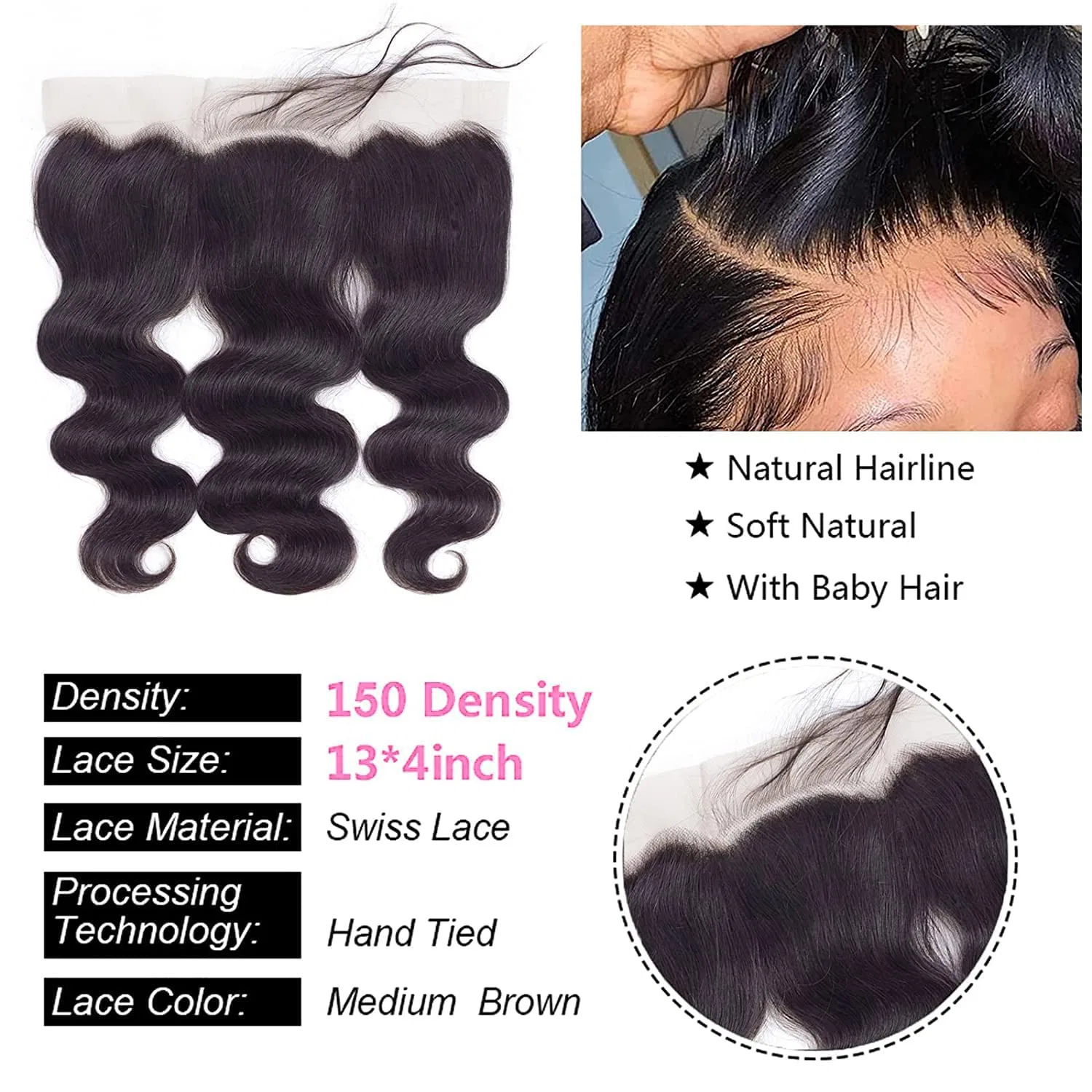 Фронтальная накладка из натуральных волос Body Wave Lace Frontal Closure 13x4, 10 дюймов Arenshxc — фото 2
