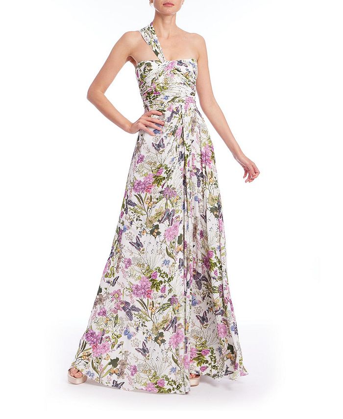 

Женское платье с принтом бабочек и одним плечом Badgley Mischka, белый