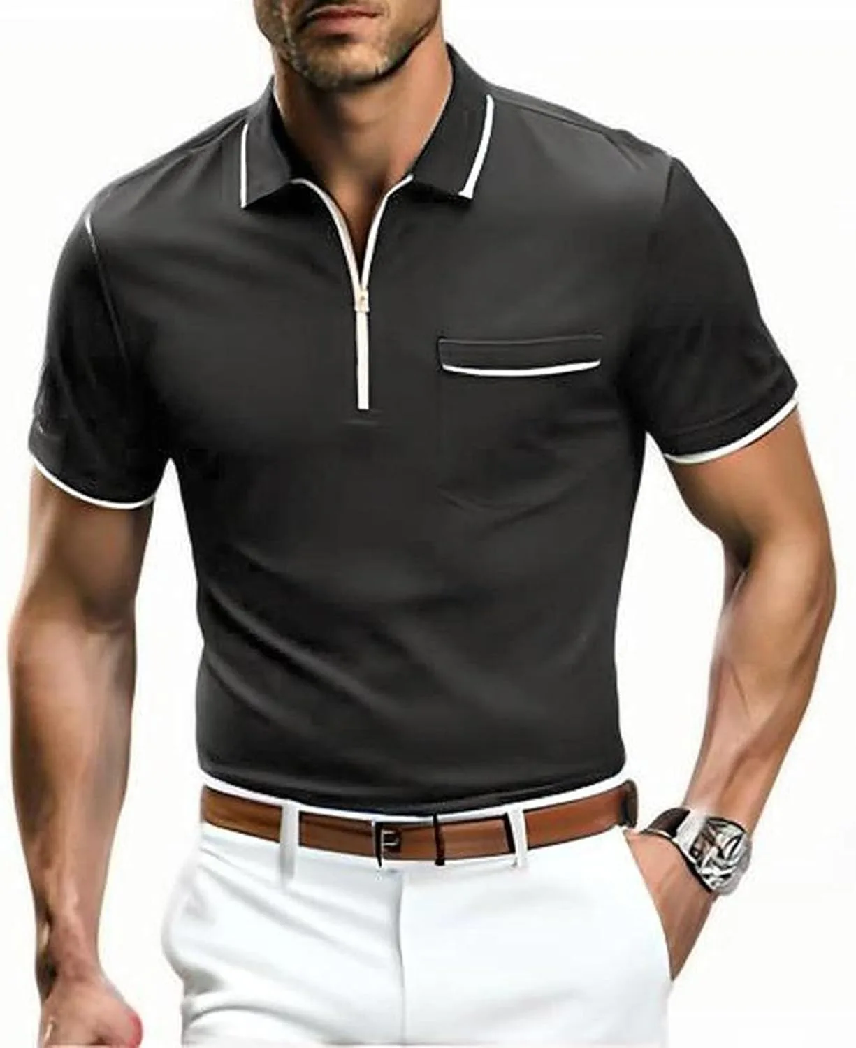 

Мужская футболка Cambkatl с лацканом и молнией, летняя, цветной блок, короткий рукав