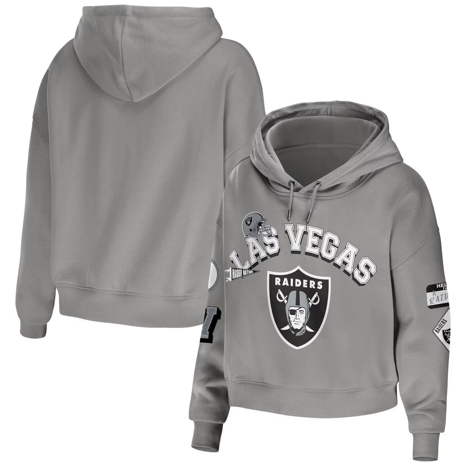 

Женская одежда Erin Andrews Серый укороченный пуловер с капюшоном Las Vegas Raiders больших размеров