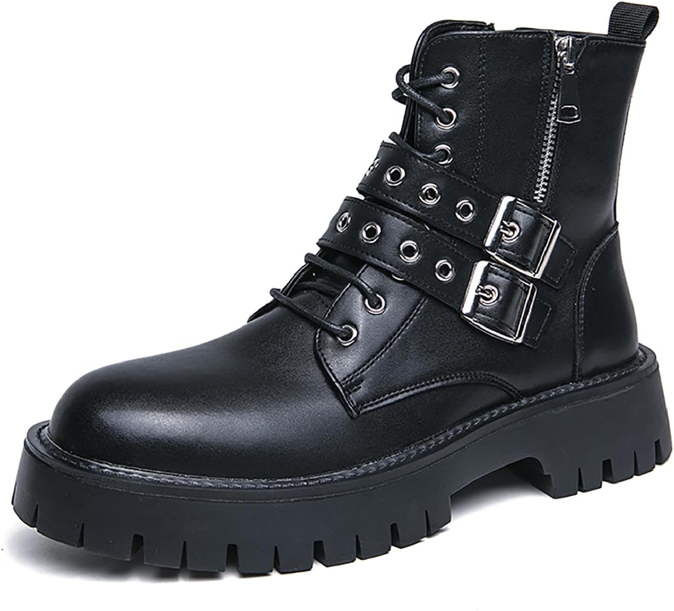 

Мужские кожаные ботинки-чукка на платформе с боковой молнией, модные ремешки с пряжками, противоскользящая подошва с рельефом, устойчивый каблук, шнуровка, боевые ботинки, панк, байкерские короткие ботинки для мотоцикла Loveheynew, черный
