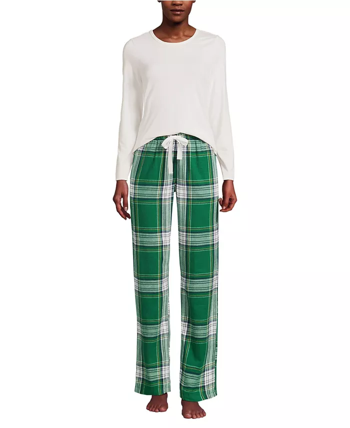 

Женский подарочный набор пижамы - трикотажная блузка с длинными рукавами и фланелевые брюки Lands' End, зеленый