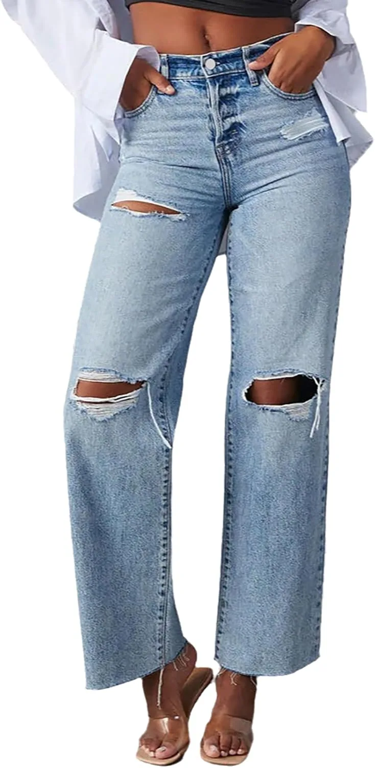 

Женские рваные джинсы прямого кроя с высокой талией и свободным силуэтом TACSTRUN