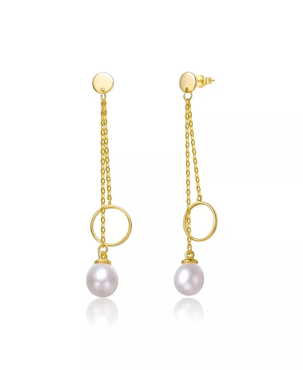 

Серьги из стерлингового серебра 14 карат с покрытием из желтого золота, белым пресноводным жемчугом и асимметричным двойным линейным подвесом в форме круга вечности Genevive, gold