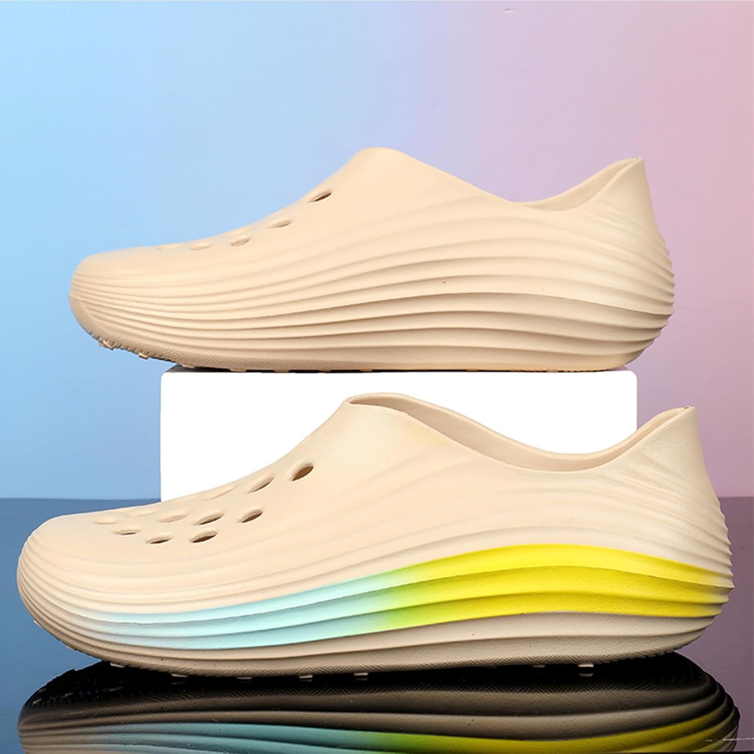 Мужские слипоны из пены с вырезами, стиль Foam Runner, легкие, прочные, из материала EVA, дышащие, мягкие пляжные сандалии с вентиляцией для мужчин Inkuil, бежевый — фото 2