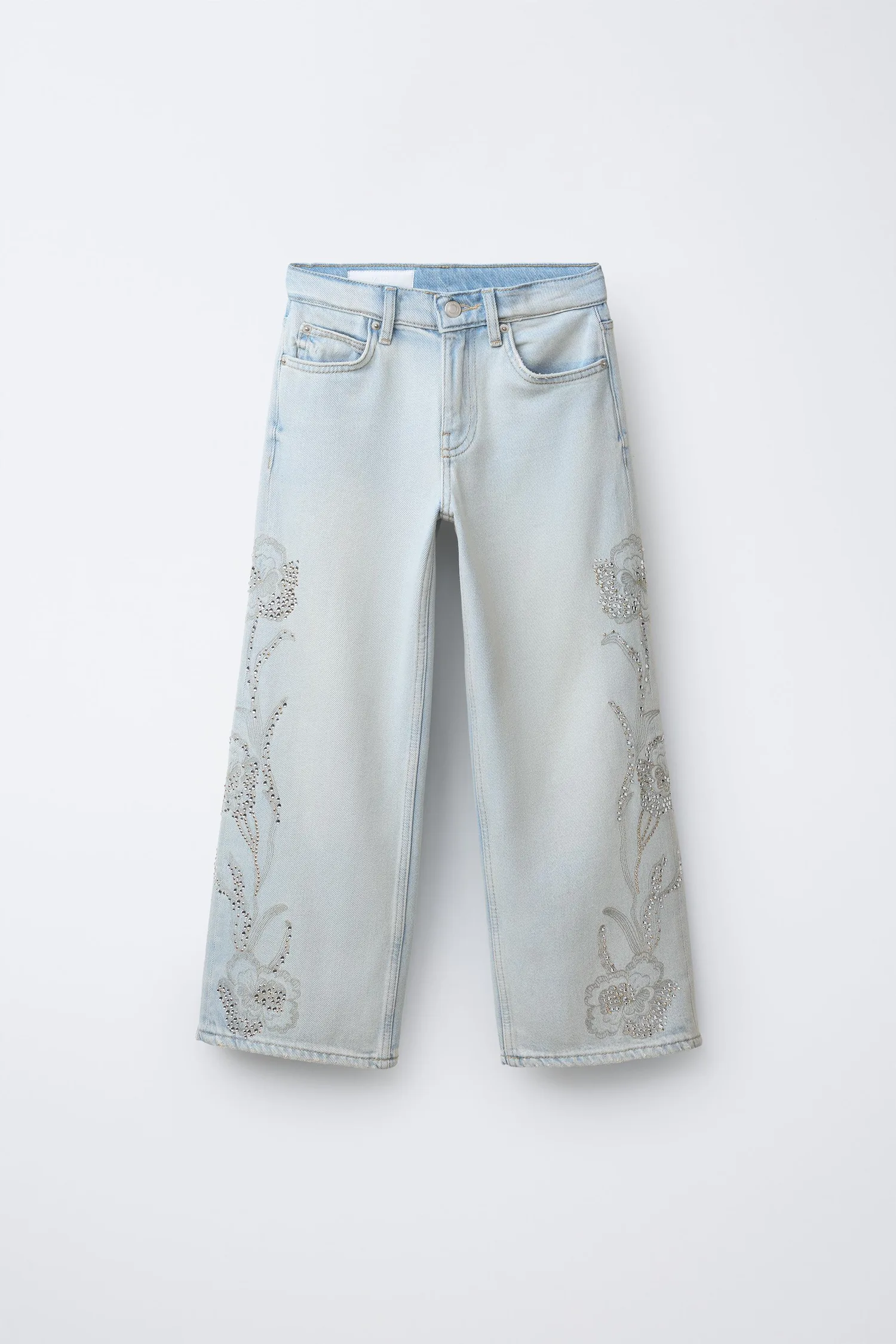 Широкие джинсы с цветами и стразами Zara, синий