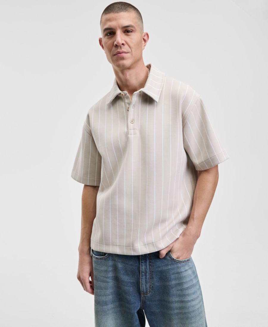 

Мужская спортивная поло-рубашка свободного кроя с коротким рукавом в полоску, эксклюзивно для Macy's Mode of One, Dark Ecru, Бежевый, Мужская спортивная поло-рубашка свободного кроя с коротким рукавом в полоску, эксклюзивно для Macy's Mode of One, Dark Ec