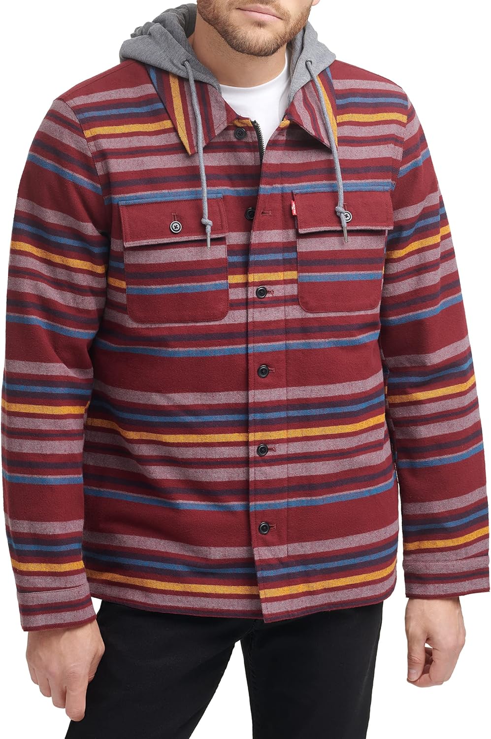 

Мужская клетчатая куртка-рубашка Levi's с капюшоном и подкладкой из шерпы (стандартные размеры, большие и высокие), Burgundy Stripe Plaid