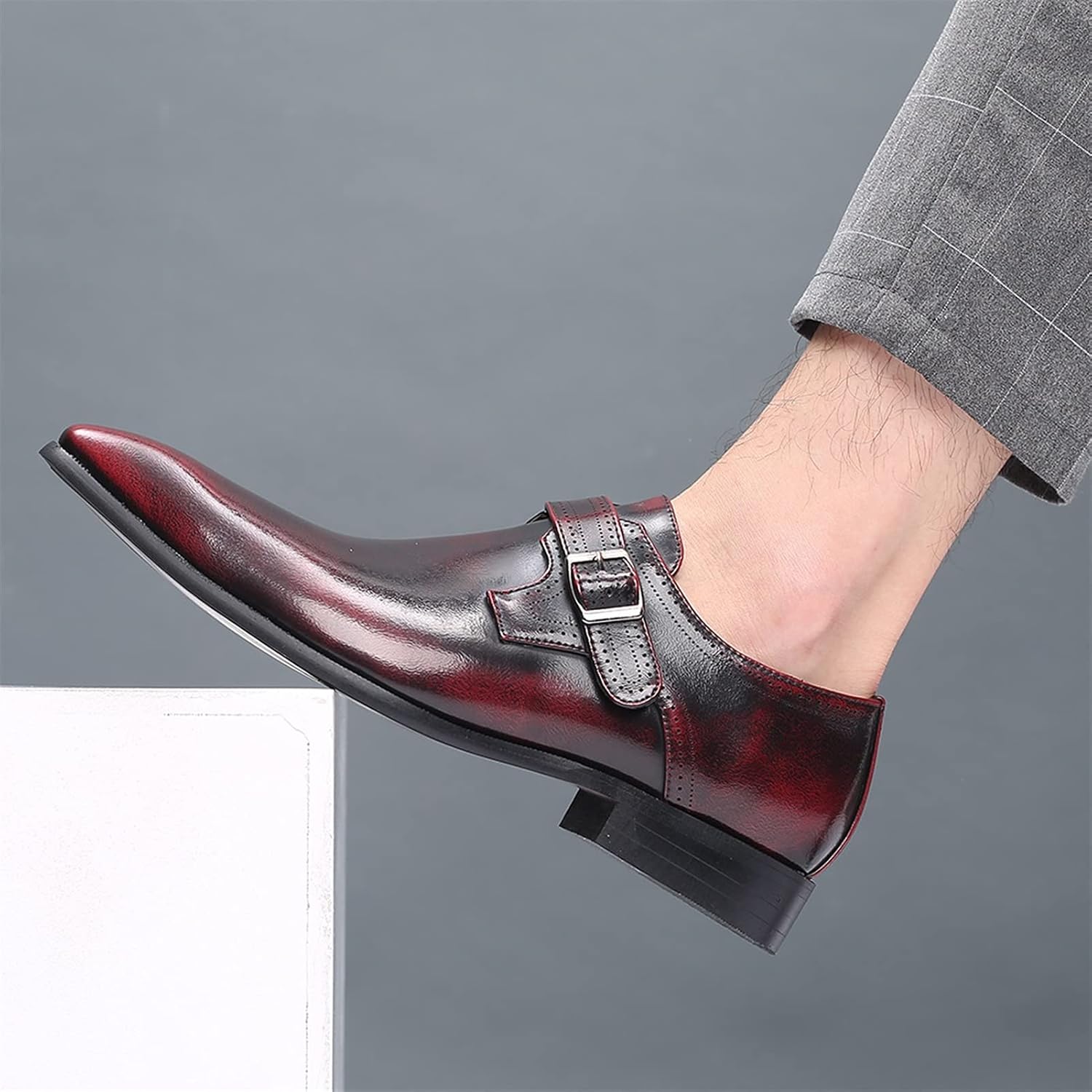 Мужские туфли Battle Men Retro Oxford из искусственной кожи с пряжкой в стиле монк, заостренный носок, на каблуке, однотонные, формальные, красный — фото 4