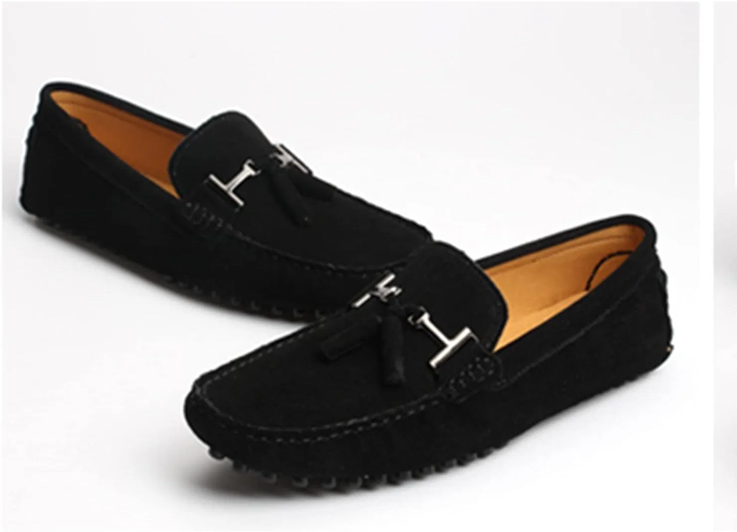 Лоферы мужские кожаные замшевые с кисточками, Boat Shoes, черный LITNERMIA — фото 2