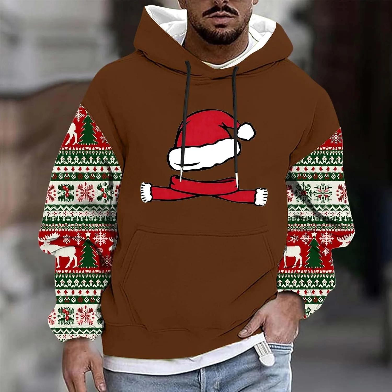 Рождественский свитшот для мужчин Funny Santa Claus Printed Long Sleeve Fleece Pullover — фото 2