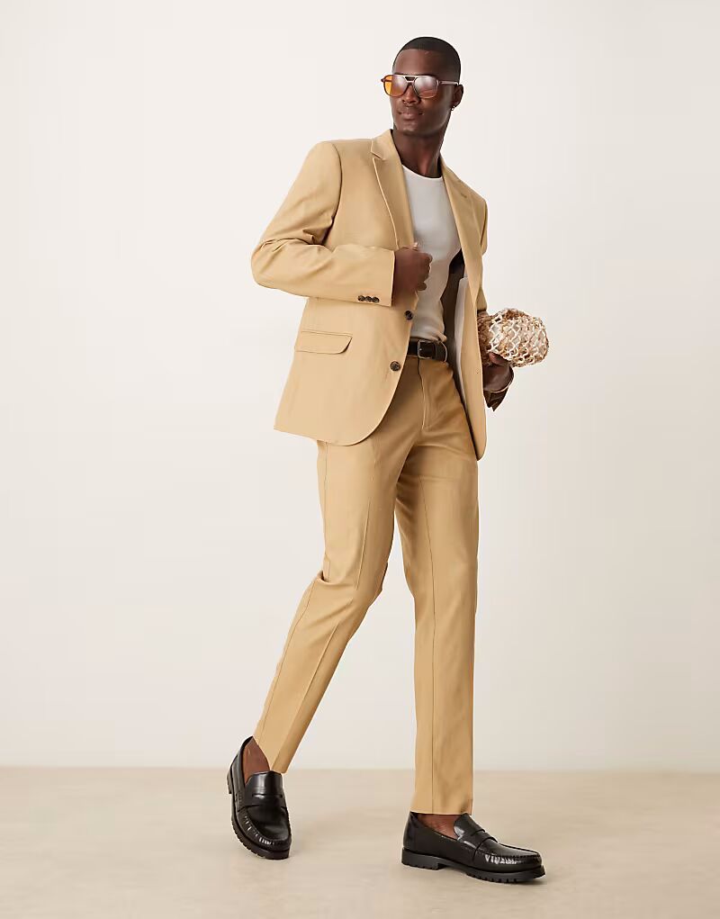 

Узкие брюки из льняной смеси бежевого цвета Asos Design