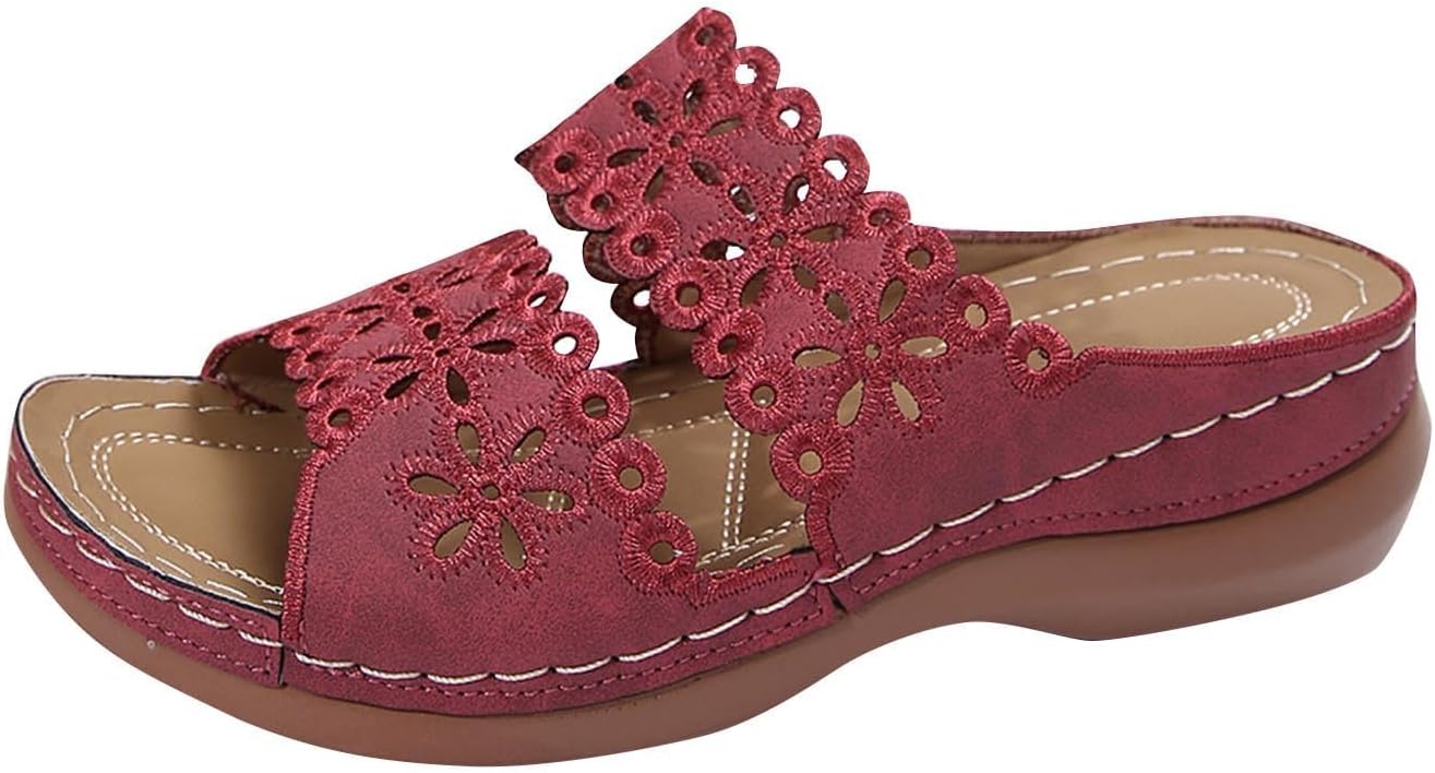 

Ортопедические сандалии ZWRXW для женщин с вырезами, ретро сандалии на клиновидной танкетке, летние слайд-сандалии, удобные элегантные повседневные пляжные тапочки с поддержкой свода стопы, красный