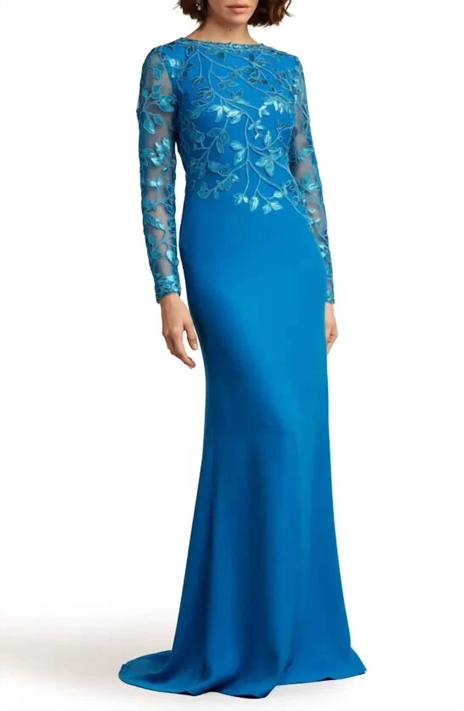 

Блестящее кружевное креповое платье в глубоком синем цвете Deep Ocean Blue Tadashi Shoji