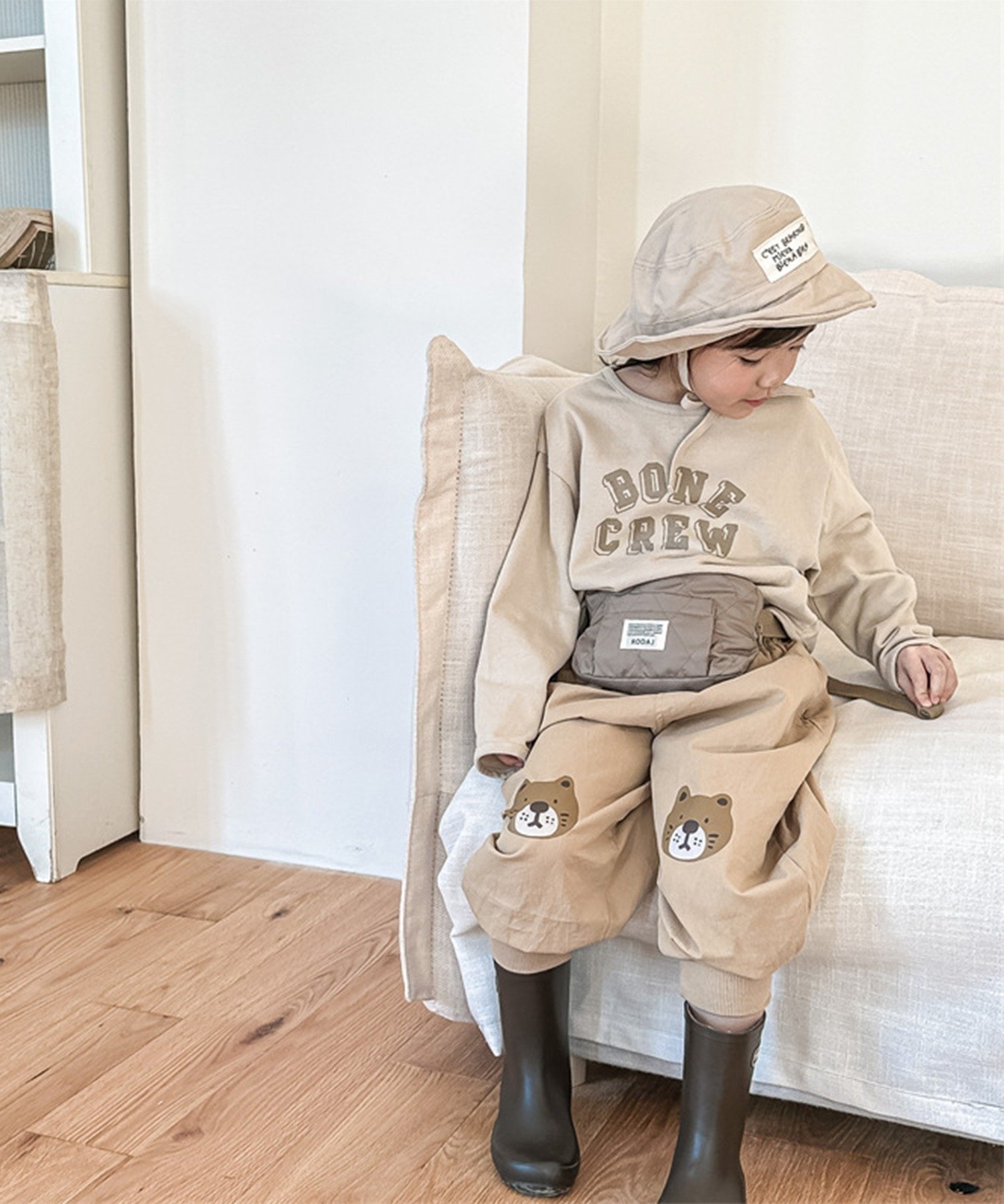 Милые штаны с принтом в виде кошачьих нашивок и завязками по низу Aimoha Kids, Dark beige — фото 3