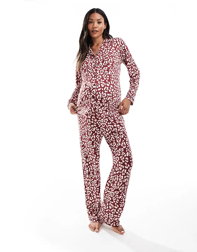 

Пижамный комплект Loungeable Maternity из супермягкого трикотажа Revere с окантовкой, с красным леопардовым принтом