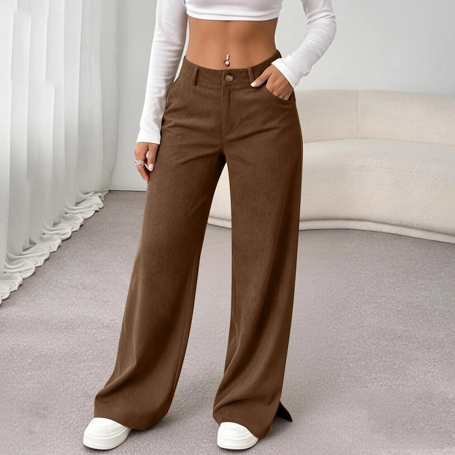 Кордюровые брюки для женщин Mid Rise винтажные широкие брюки однотонные брюки с боковым разрезом свободные брюки с карманом Generic, кофейный — фото 2