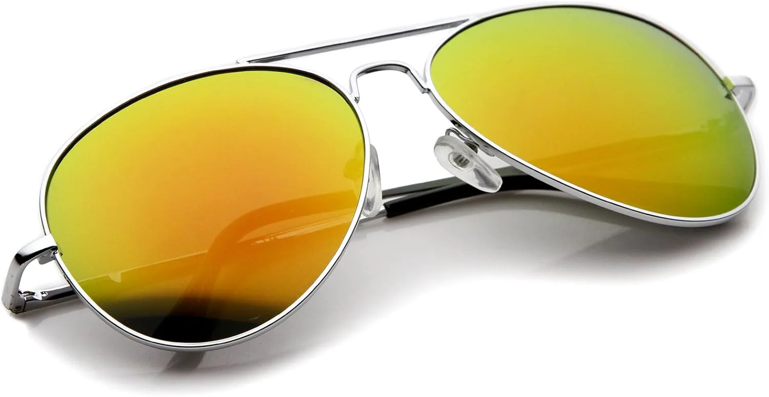 

Солнцезащитные очки-авиаторы zeroUV Classic с металлической оправой, пружинными шарнирами, цветными зеркальными линзами, диаметр линз 56 мм, Silver / Orange Mirror
