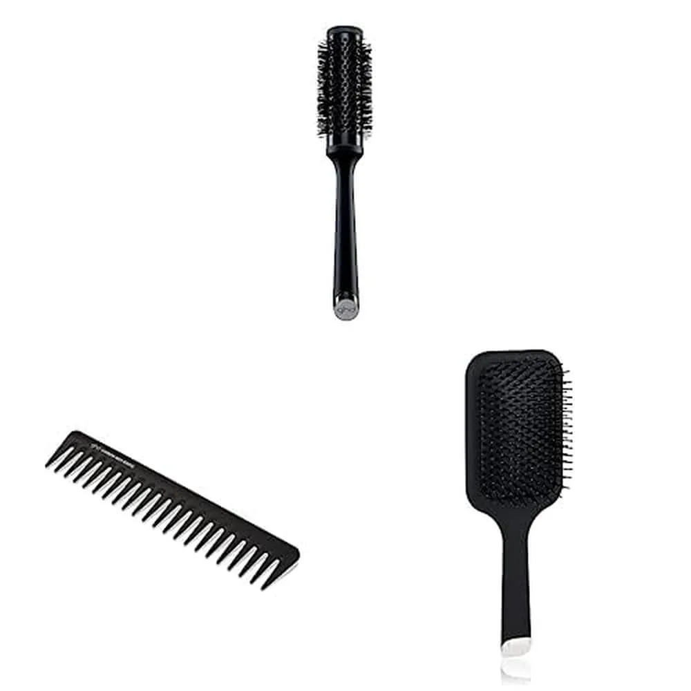 Керамические круглые щетки ghd с вентиляцией Радиальная щетка + паддл-щетка + расческа для распутывания, Black