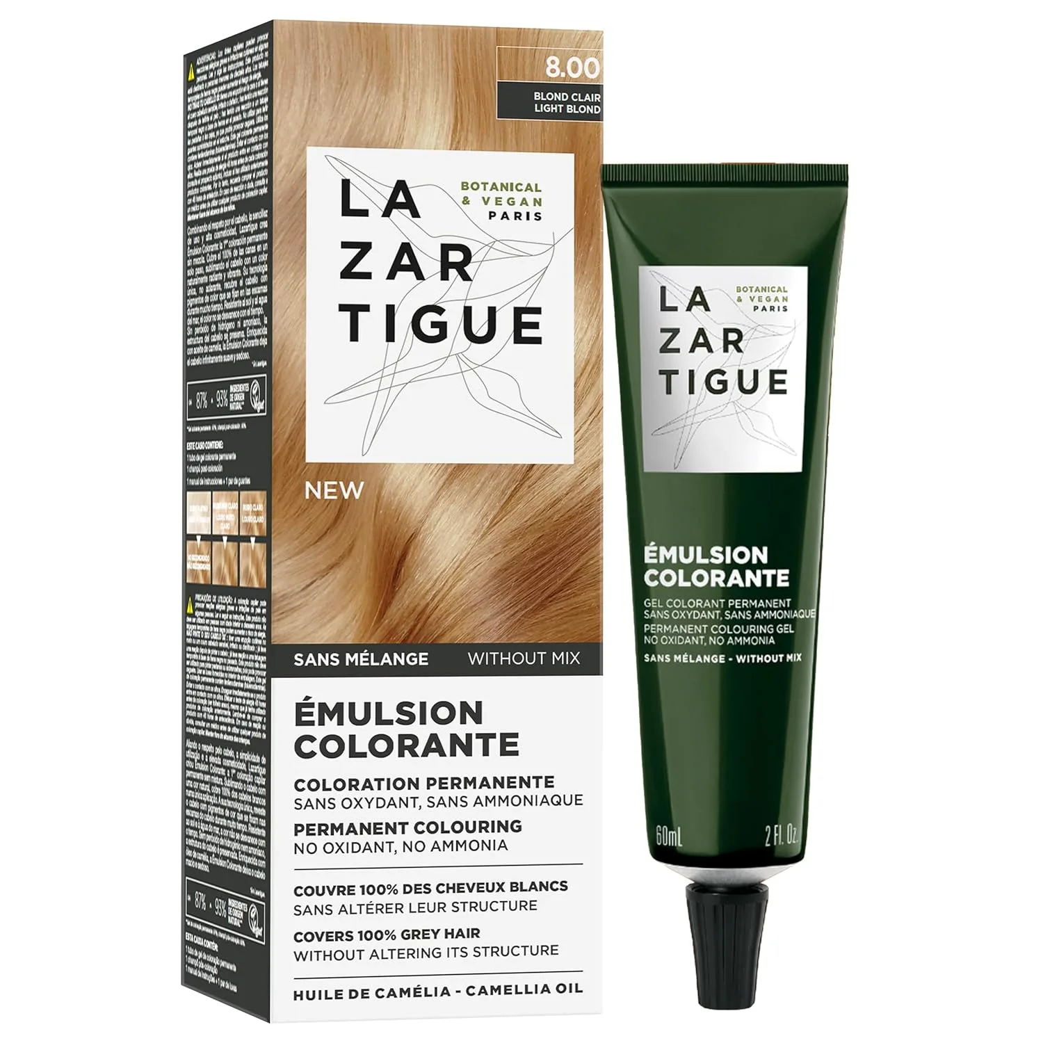 Краска для волос Lazartigue Emulsion Colorante, стойкая краска без аммиака, 100% закрашивание седины, с маслом камелии, веганский продукт, 57 мл - не требует смешивания, готова к применению., LAZARTIGUE Emulsion Colorante 8.00 Light Blond