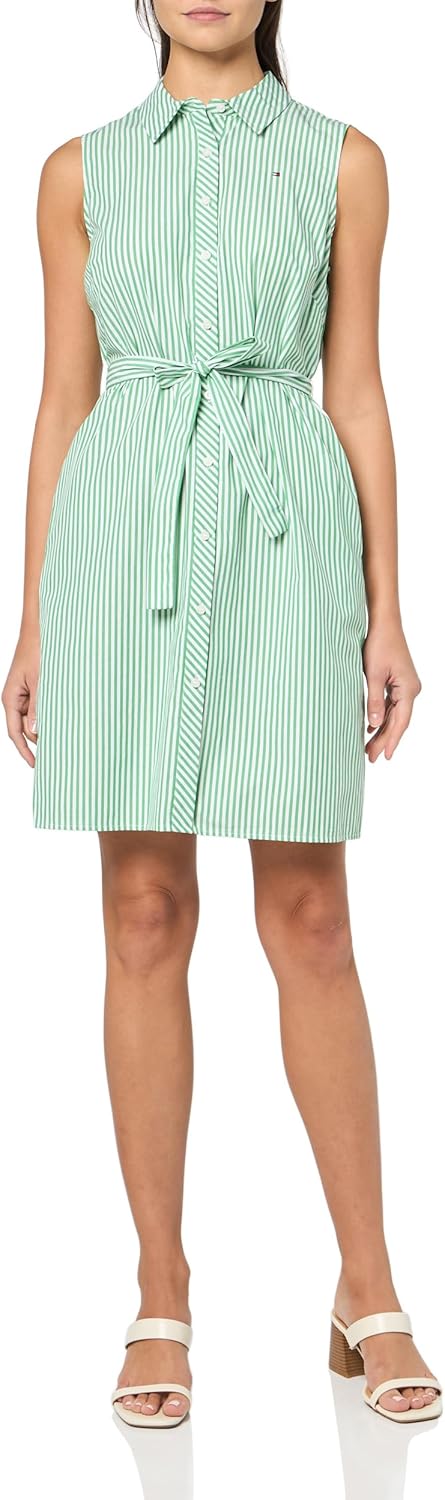 

Женское мини-платье-рубашка Tommy Hilfiger без рукавов с воротником, пуговицами спереди и завязкой на талии, Fern Green/Bright White