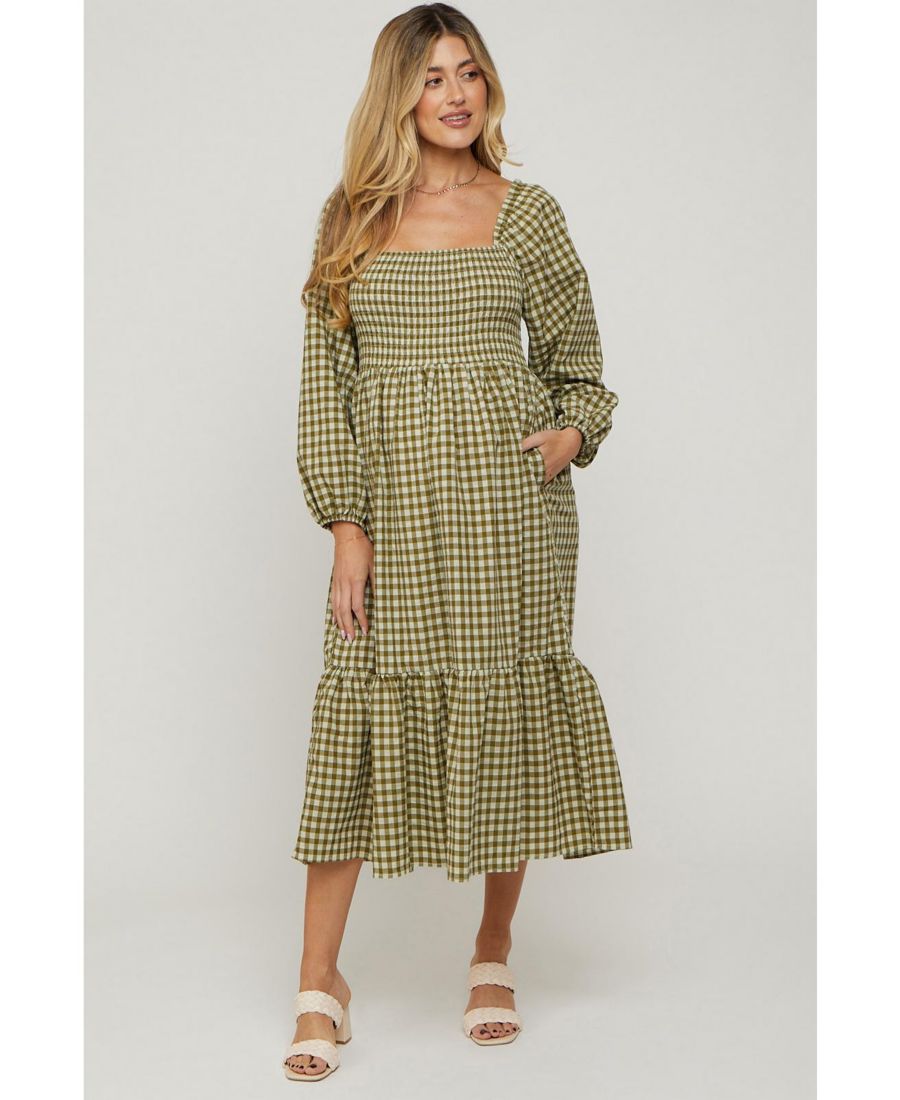 

Платье-миди для беременных в ржаво-коричневую клетку с длинными рукавами Pinkblush, Olive green