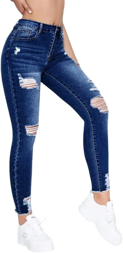 Женские джинсы скинни Mom Fit с высокой талией, потертостями и карманами, стрейч деним, силуэт curvy, для повседневной носки Generic, Darkw#1 — фото 3