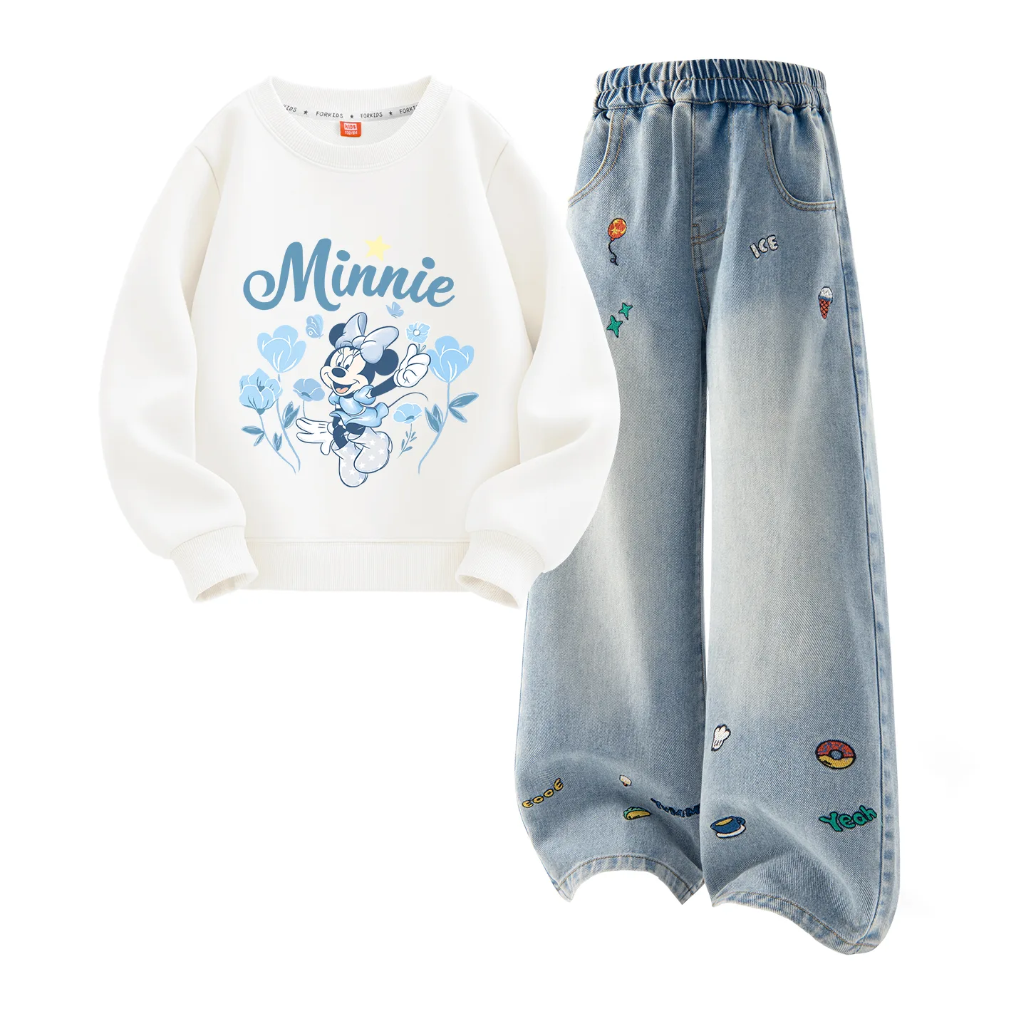 Детская повседневная спортивная футболка с круглым вырезом Disney, Di Garden White+Solid Color Denim Blue