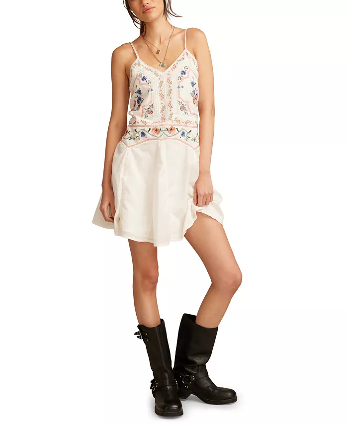 

Женское хлопковое мини-платье с вышивкой на бретелях Lucky Brand, коричневый/бежевый