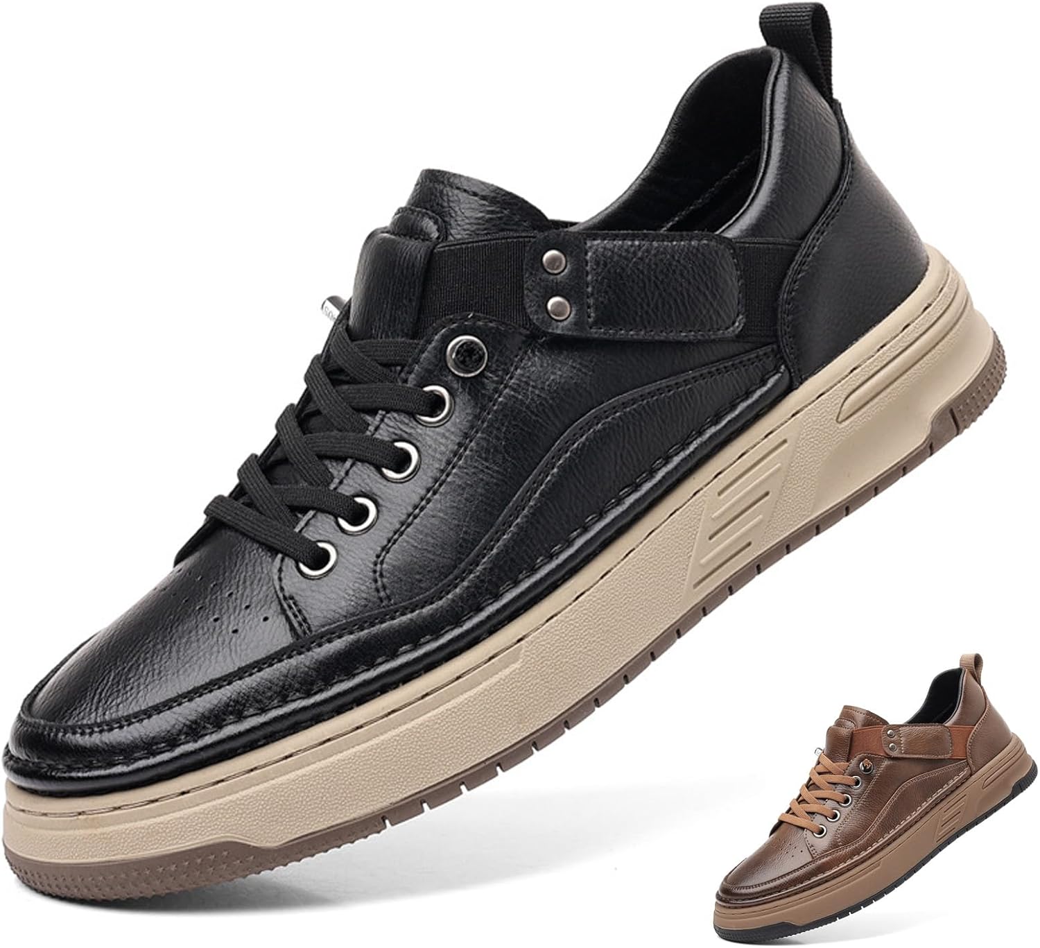 

Мужские кроссовки с круглым носком из натуральной кожи, дышащие, на платформе, модные, ретро, удобные, низкие, с шнуровкой, с нескользящей мягкой подошвой, повседневные, для прогулок, плоская подошва, для скейтборда Nsneond, черный