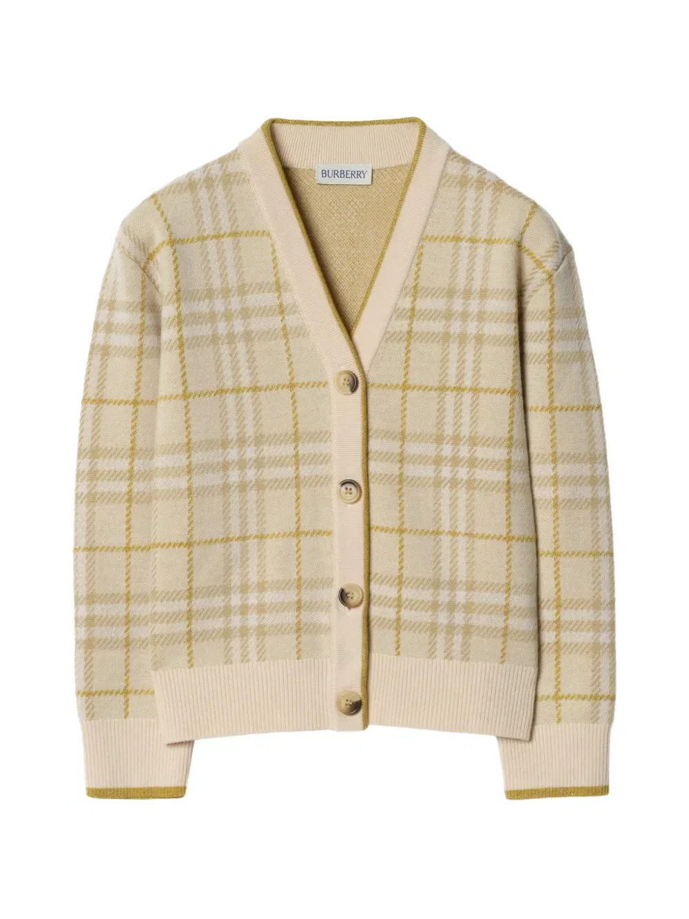 Кардиган из шерстяной смеси с металлизированной клеткой Burberry Kids, нейтральный