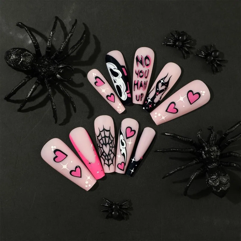 Длинные накладные ногти «Halloween» с паутиной и черепом Yprewy — фото 4