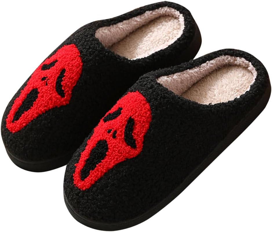 

Тапочки BEHEGTYE на Хэллоуин для женщин и мужчин, пушистые теплые осенне-зимние милые тапочки с тыквой, черепом и привидением, удобные домашние тапочки-слипы для дома и улицы, красный