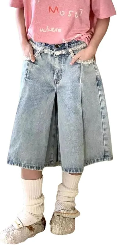 

Женские джинсы-кюлоты Y2k с кружевной отделкой и карманами chouyatou