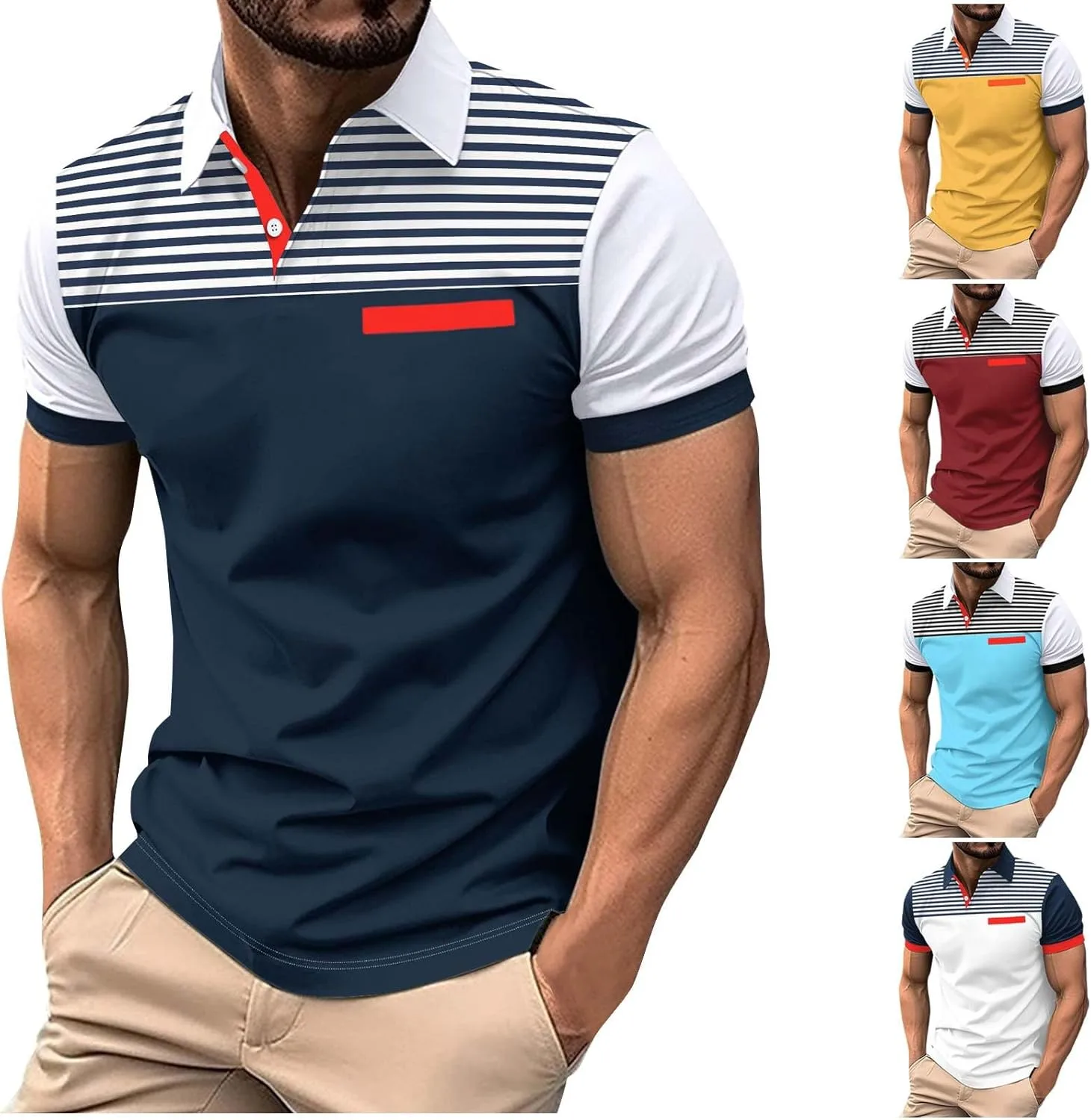 

Футболка-поло для мужчин с коротким рукавом, цветной блок и полосками