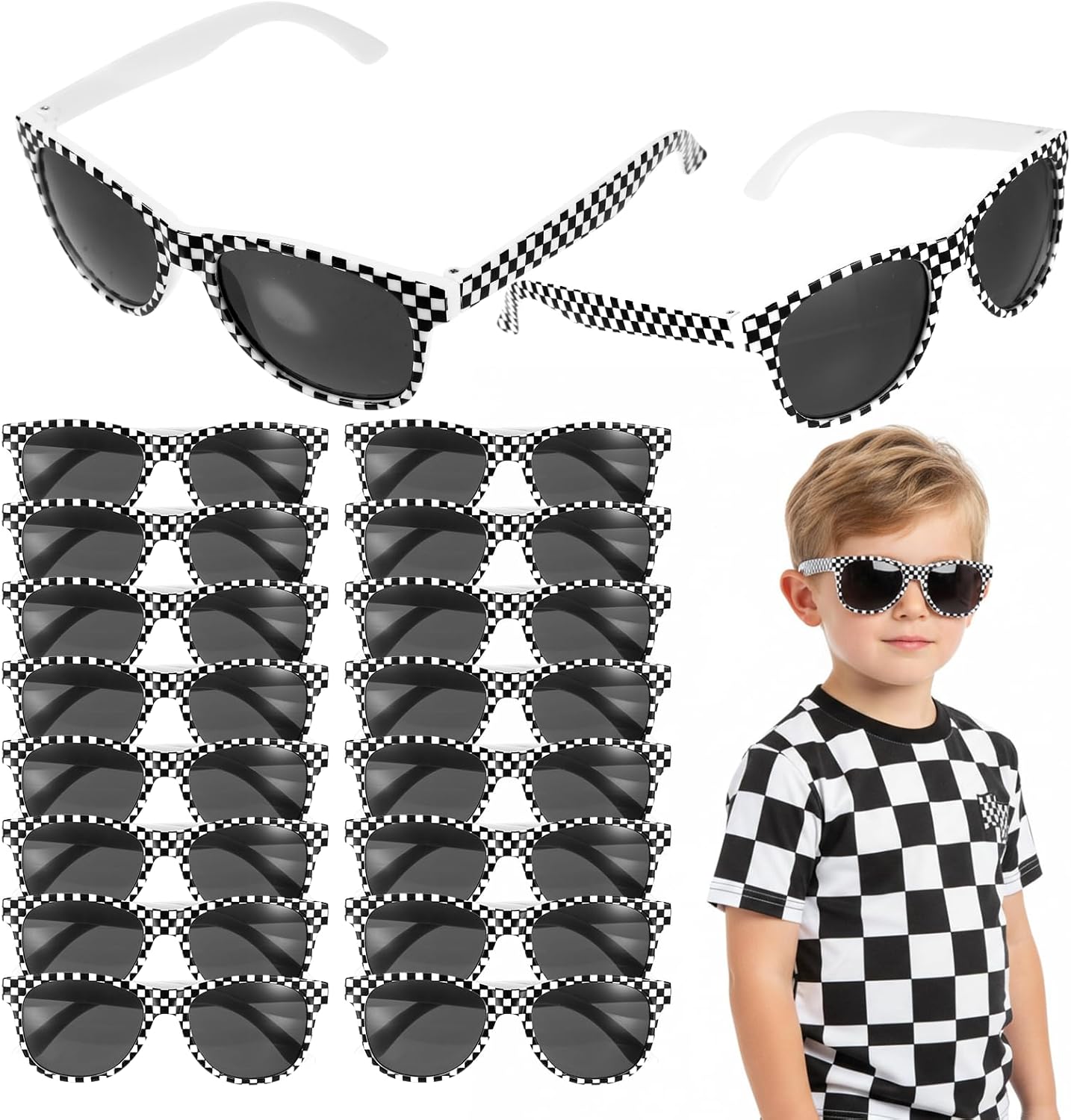 

Набор из 16 солнцезащитных очков в клетку с изображением гоночных автомобилей. Сувениры для вечеринки в стиле гонок. Украшения для дня рождения в стиле гонок. Черно-белые пластиковые очки. Подарки оптом YONHTUTU, Black & White