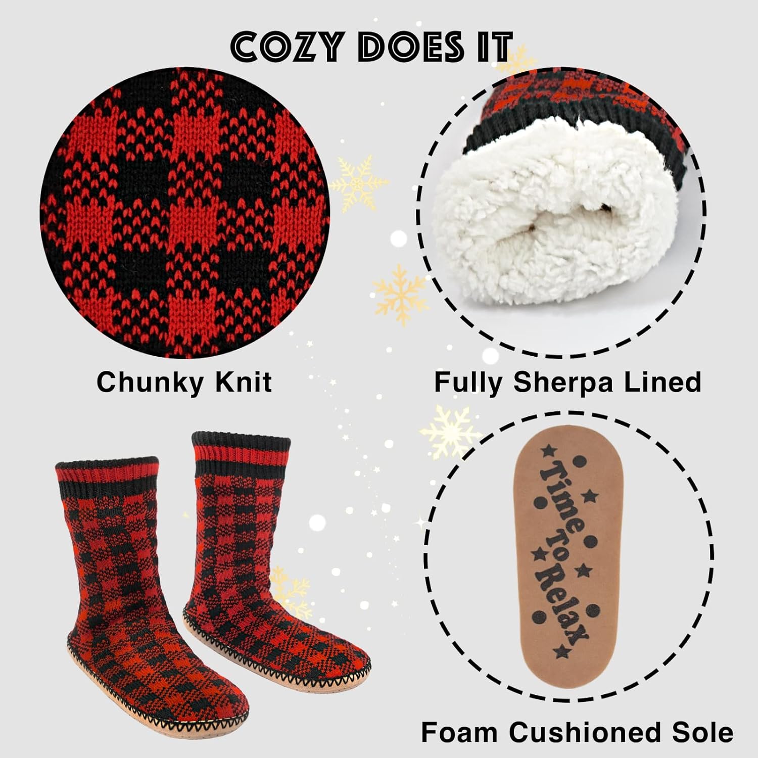 Мужские домашние носки-тапочки Cozylook с флисовой подкладкой, нескользящей подошвой, зимние мягкие толстые теплые тапочки для дома, черный/красный — фото 4