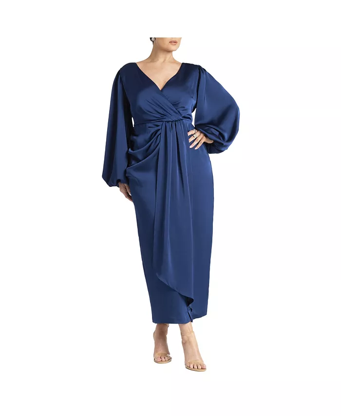 

Женское платье с плиссированной юбкой и пышными рукавами из сатина ELOQUII, синий