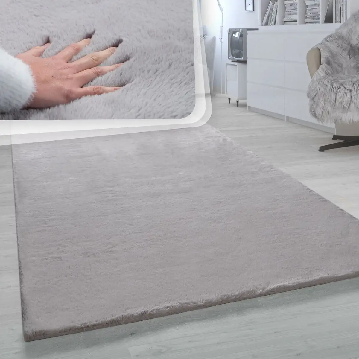 

Меховой ковер Paco Home "Rabbit 780", прямоугольный, искусственный мех, ощущение кроличьего меха, настоящий приятный ковер, однотонные цвета 200х290 см, серый
